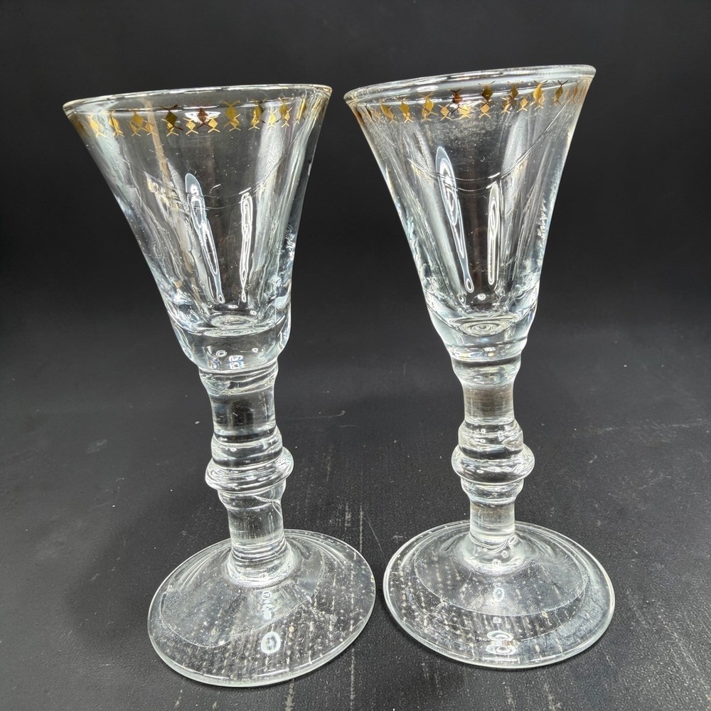 West Elm Gold Cordial Glasses Set‎ of 2 Clear Glass Stemmed Barware Cups Glasses